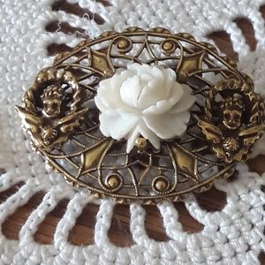 VTG STEAMPUNK BROOCH! CARVED FLOWER AND FACES!